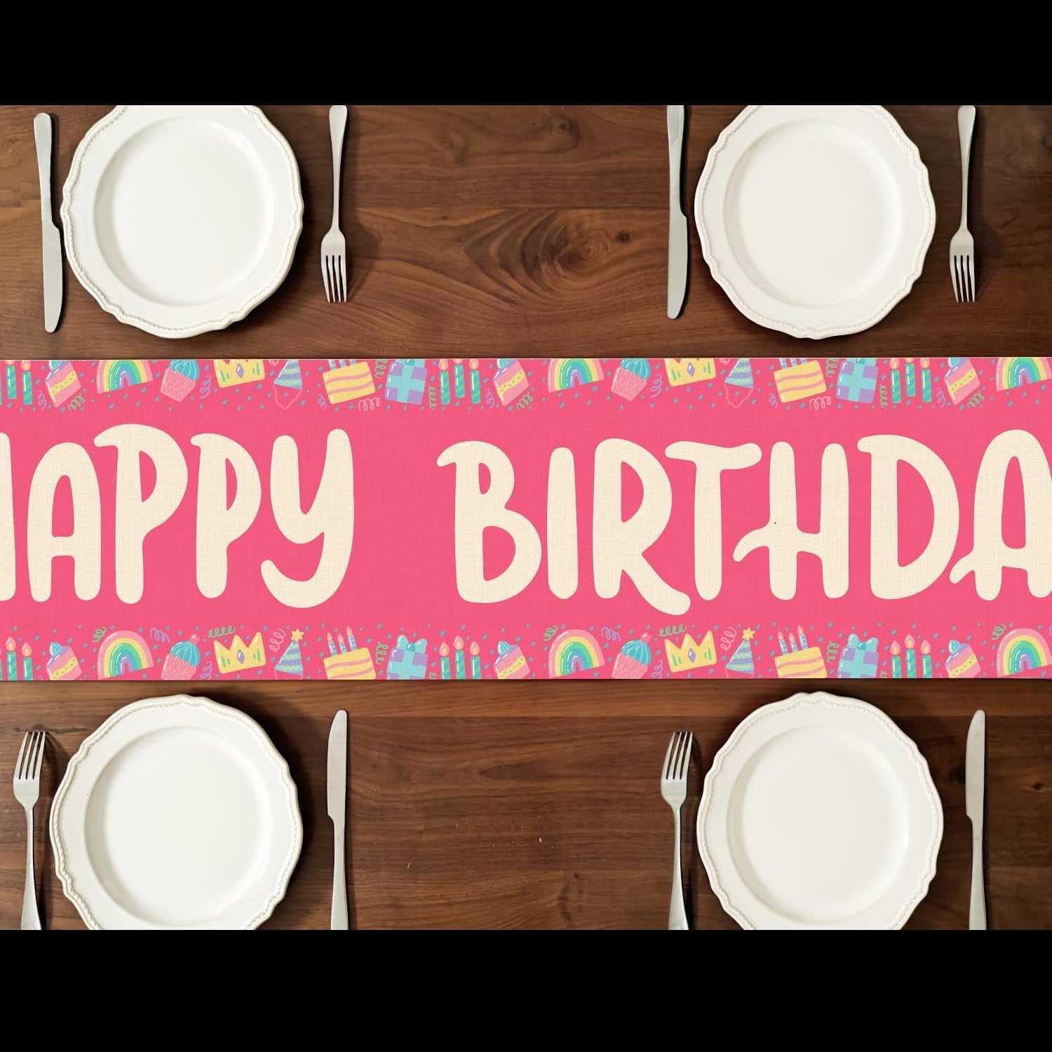 happy-birthday-table-runner-13x72-inch-pink-birthday-cake-box-candle-rainbow-farmhouse-polyester-linen-table-decoration-for-kitchen-dinning-indoor-outdoor-home-dinner-party-red