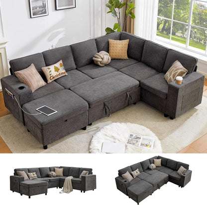 107 Inch Modular Sectional Sofa with Pull Out Bed, 7 Seat U Shaped Sectional Sleeper Sofa with Storage Ottoman, USB Port & 6 Pillows, Family Modular Couch, Sectional Couches for Living Room, Grey1