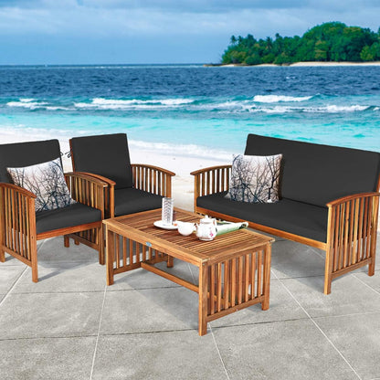Outdoor 4 PCS Acacia Wood Sofa Set W/Water Resistant Cushions, Padded Patio Seating Chat Set W/Coffee Table for Garden, Backyard, Poolside (1, Black)2