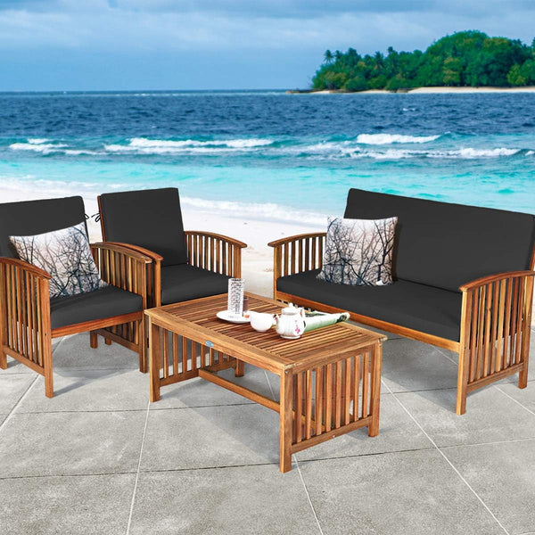 Outdoor 4 PCS Acacia Wood Sofa Set W/Water Resistant Cushions, Padded Patio Seating Chat Set W/Coffee Table for Garden, Backyard, Poolside (1, Black)2