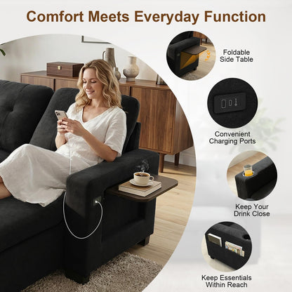 82" L Shaped Sleeper Sofa Bed, Pull Out Sectional Couch with Storage Chaise/Reclining Backrest, Sectional Couches for Living Room with USB Port, Foldable Table, Cup Holder, Side Pocket, Black5