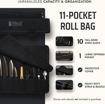 Waxed Canvas Chef Knife Roll Bag with 10 Slots and a Zipper Pocket - Professional Chef Knife Bag & Storage Case, with Shoulder Strap - Knives Not Included (Black)2