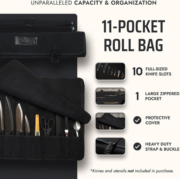 Waxed Canvas Chef Knife Roll Bag with 10 Slots and a Zipper Pocket - Professional Chef Knife Bag & Storage Case, with Shoulder Strap - Knives Not Included (Black)2