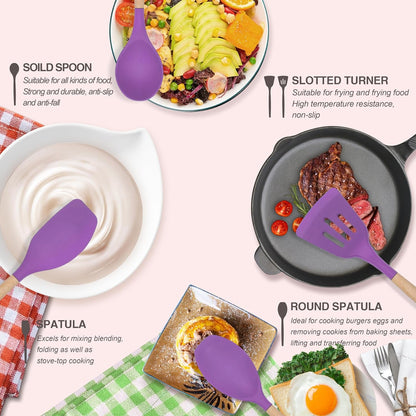 Kitchen Utensils Set 12 Pieces Nonstick Silicone Cooking Utensils Wood Handle Silicone Cooking Utensils Set with Holder Dishwasher Safe BPA Free (Purple)6