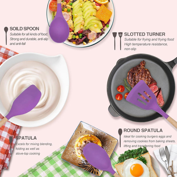 Kitchen Utensils Set 12 Pieces Nonstick Silicone Cooking Utensils Wood Handle Silicone Cooking Utensils Set with Holder Dishwasher Safe BPA Free (Purple)6