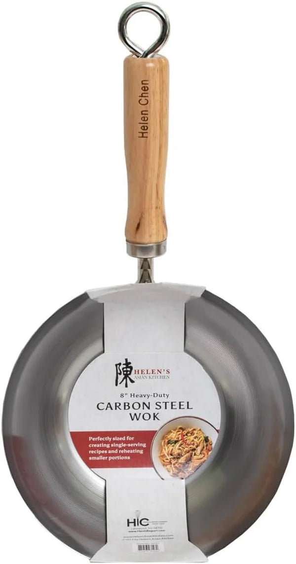 Carbon Steel Mini Wok, 8-Inch, Flat Bottom Chinese Stir Fry Pan with Rubberwood Handle for Single-Serve Stir Fry, Fried Rice, Noodles, and Asian Cooking1