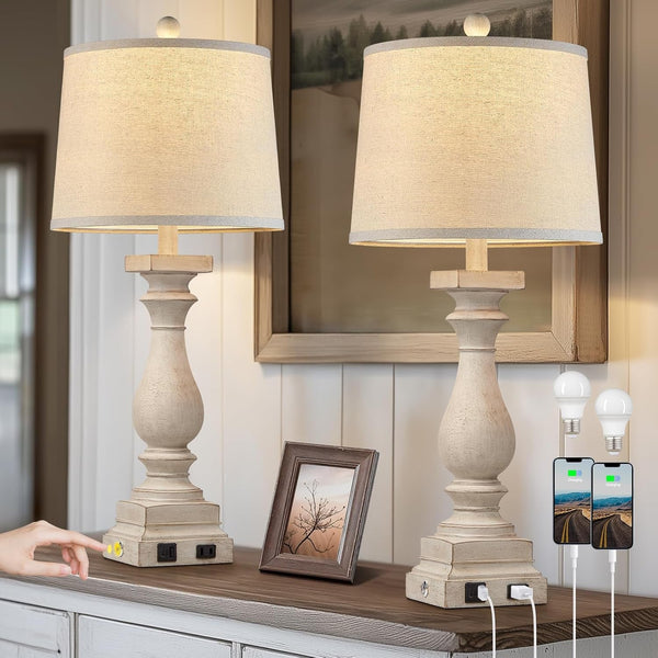 28" Tall Farmhouse Table Lamps Set of 2 with USB C+A Ports and AC Outlet, 3 Way Touch Control Rustic Bedside Lamp for Bedroom, Beige Vintage Nightstand Lamp for Living Room Office1