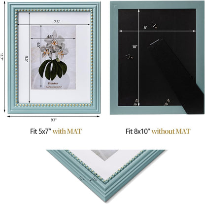 8X10 Blue Picture Frame, Engineered Wood with Real Glass, Gold Beaded Border, Matted to 5X7, Vertical and Horizontal for Tabletop or Wall Hanging3