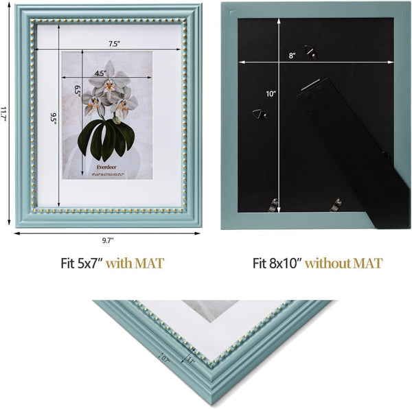 8X10 Blue Picture Frame, Engineered Wood with Real Glass, Gold Beaded Border, Matted to 5X7, Vertical and Horizontal for Tabletop or Wall Hanging3