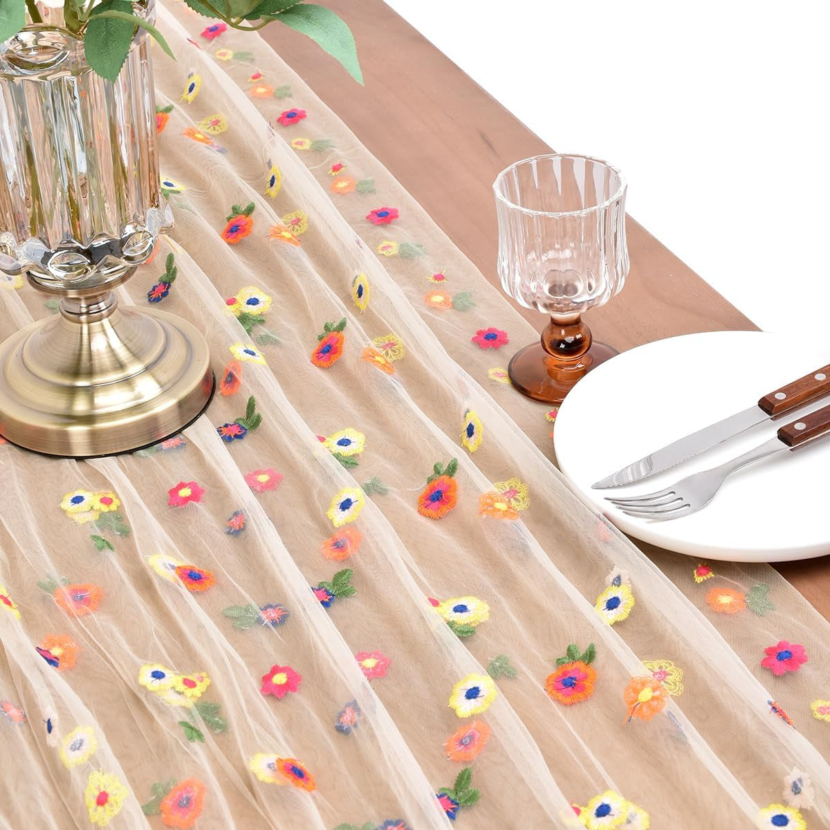 flower-table-runner-floral-daisy-fall-wedding-birthday-party-home-decor-champagne-10ft-embroidery-wildflower-tulle-seasonal-tea-party-bridal-shower-holiday-picnic-home-table-decorations
