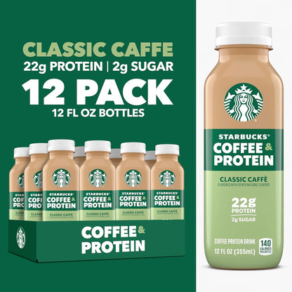 Starbucks Coffee & Protein, Classic Caffe, 12 Fl Oz Bottles, (12 Pack), 22G Protein, 2G Sugar, No Added Sugar, 5G Prebiotic Fiber, High Protein Iced Coffee3