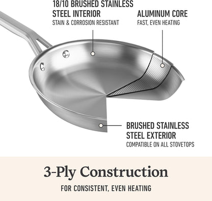 Calphalon Brushed 3-Ply Stainless Steel Cookware W/Turbo Heat Tech 10" Fry Pan, Induction, Oven Safe 450F, Brushed Stainless Silver3