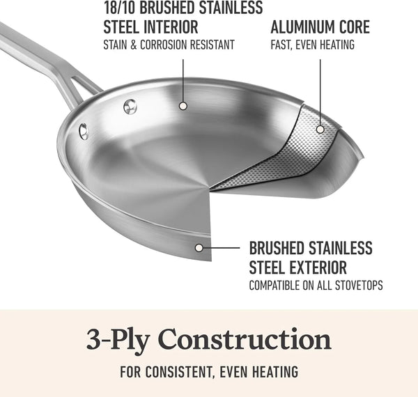 Calphalon Brushed 3-Ply Stainless Steel Cookware W/Turbo Heat Tech 10" Fry Pan, Induction, Oven Safe 450F, Brushed Stainless Silver3