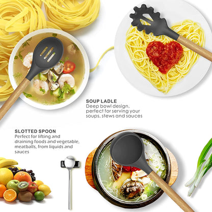 Silicone Cooking Utensils Kitchen Utensil Set - 446°F Heat Resistant Silicone Kitchen Utensils Set, Spatula,Turner Tongs, Spoon, Whisk,Kitchen Gadgets for Nonstick Cookware, BPA Free (Gray)2