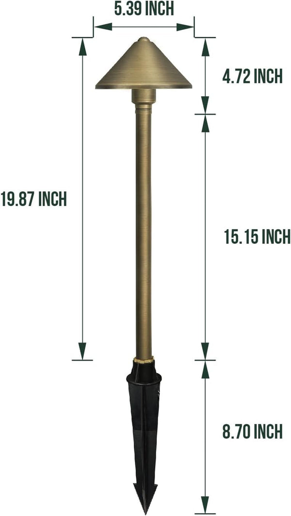Solid Brass Landscape Path Lights (5" Shade, 20" Tall), Low Voltage LED 3W 12-24V AC/DC Conehead Path Lighting, 2700K Outdoor Waterproof Walkway Light, with Stake and G4 Bulb, 2 Pack3