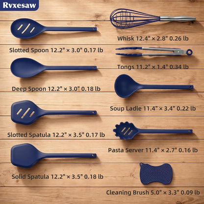 Kitchen Utensils Set,9 PCS Silicone Cooking Utensils Set Spatula Set,Tongs,Spoon,Whisk,Brush,Dishwasher Safe Kitchen Gadgets for Non-Stick Cookware,Home Essential，Kitchen Appliances(Navy Blue)4