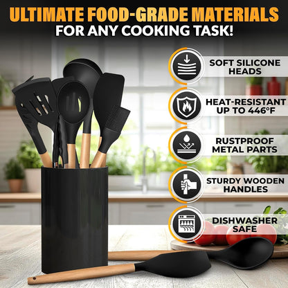 14 Pcs Kitchen Utensils Set with Holder, Beech Handles (Black)8