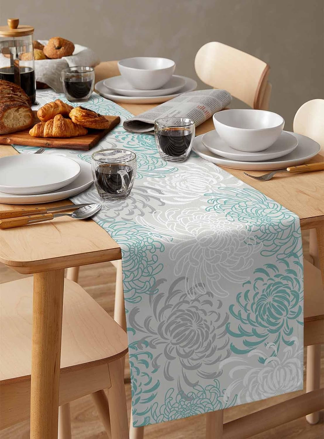 aqua-chrysanthemum-flowers-table-runner-cotton-linen-long-13x120-inches-dresser-scarves-floral-grey-tablerunner-for-kitchen-coffee-dining-end-table-bedroom-living-room-scarf-decor-for-holiday