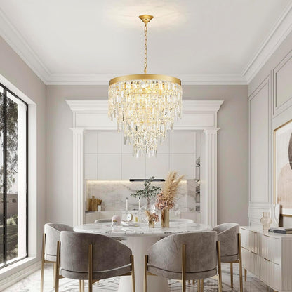 Modern Crystal Chandelier, 22.8” Gold round Chandeliers for Dining Room Light Fixture, 4 Tiers 9 Lights Luxury Crystal Pendant Chandelier for Entryway Foyer Living Room Bedroom Kitchen Staircase3