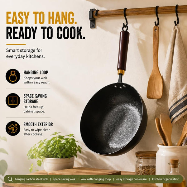 10” Carbon Steel Wok, Hand-Hammered Texture, Pre-Seasoned | Deep Sides Provide Room for Stir-Frying, Simmering, Braising, and Deep-Frying; Flat Bottom Stays Stable on All Cooktops.9
