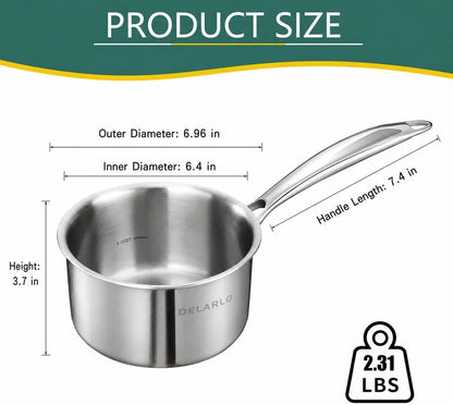 Full-Body Clad Tri-Ply Stainless Steel 2 Quart Saucepan with Lid | Small Stainless Steel Pot Induction Cooking Sauce Pot Pan, Heavy Duty Saucier Cookware, PFOA&PTFE Free2