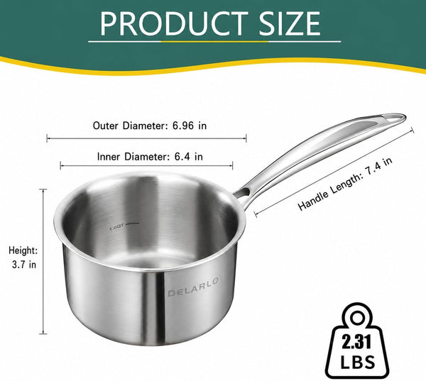Full-Body Clad Tri-Ply Stainless Steel 2 Quart Saucepan with Lid | Small Stainless Steel Pot Induction Cooking Sauce Pot Pan, Heavy Duty Saucier Cookware, PFOA&PTFE Free2