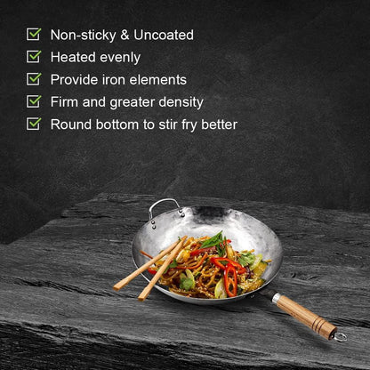 Carbon Steel Wok Pan, Stir Fry Pans, 13 Inch Wok Pan with Support Ring and Spatula, Nonstick Woks and Stir-Fry Pans, No Chemical Coated round Bottom Chinese Wok for Electric, Gas, All Stoves4