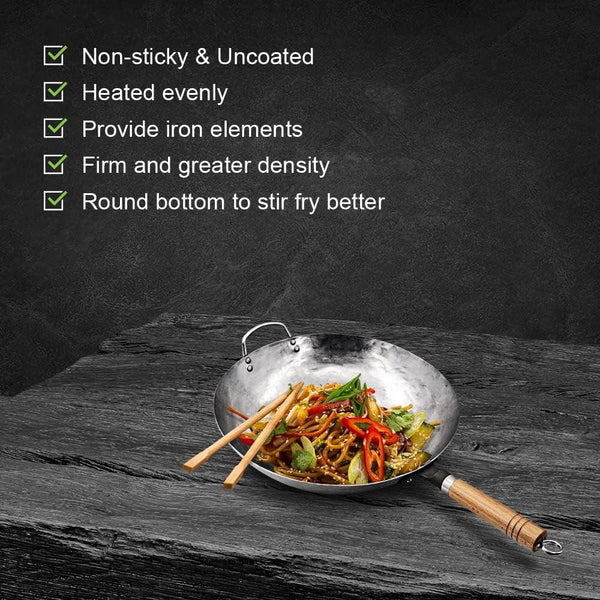Carbon Steel Wok Pan, Stir Fry Pans, 13 Inch Wok Pan with Support Ring and Spatula, Nonstick Woks and Stir-Fry Pans, No Chemical Coated round Bottom Chinese Wok for Electric, Gas, All Stoves4