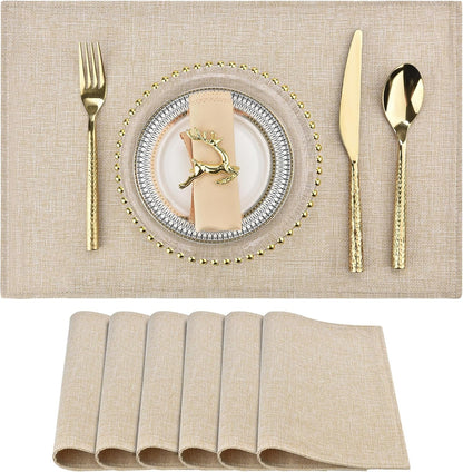 Beige Faux Linen Placemats Set of 6, Heat Resistant Washable Double Layer Cloth Place Mats for Dining Table, Wrinkle Resistant Linen Textured Farmhouse Kitchen Decor（6，Beige）1