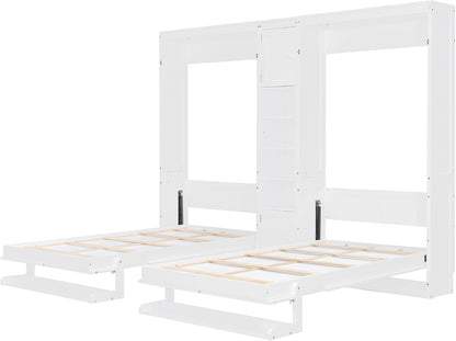 Dual Twin Murphy Bed with Cabinets and Shelves, Space Saving Wall Bed with Storage, Foldable Twin Beds with Convertible Shelf Legs for Guest Room, Small Space, White5