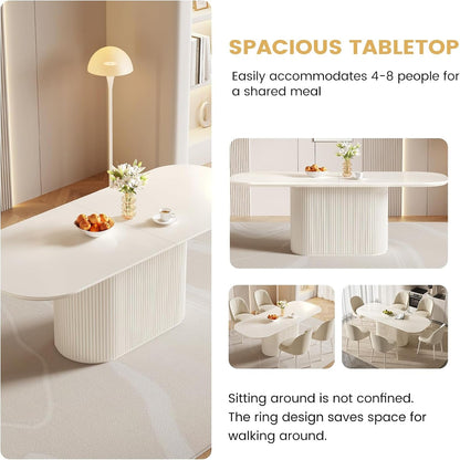86.61" Large Cream White Dining Table with Strong Pedestal Modern Oval Dining Room Table for 8 People Cream Kichen Table for Dining&Kichen Room Furniture7