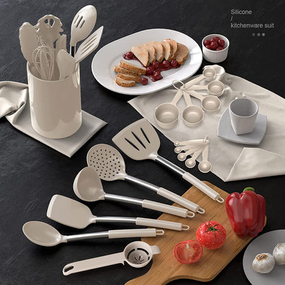 Large Silicone Cooking Utensils Set - Heat Resistant Kitchen Utensils,Turner Tongs,Spatula,Spoon,Brush,Whisk,Stainless Steel Cooking Tool for Nonstick Cookware,Dishwasher Safe (Khaki)7