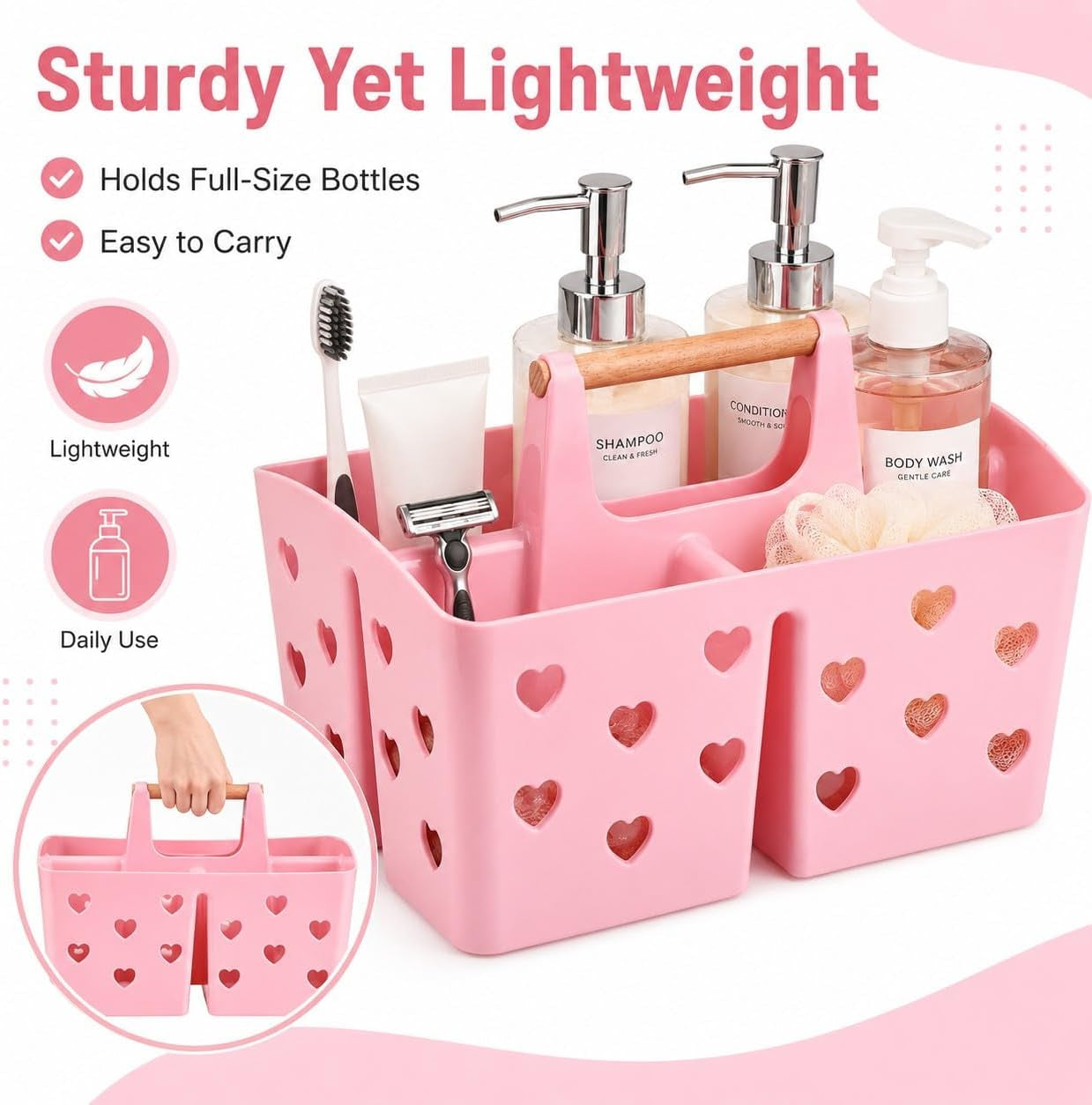 pink-portable-shower-caddy-plastic-basket-organizer-with-wooden-handle