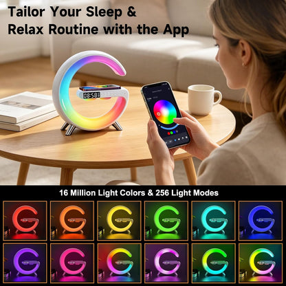 4 in 1 Smart LED Table Lamp, Alarm Clock, Bluetooth Speaker, Wireless Charger, App Control Night Light Bedside Lamp with Fast Charging Station for Bedroom, Home Decor, Family, Teen Girls Boys Gifts3