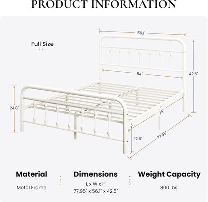 Full Metal Bed Frame with Victorian Iron-Art Headboard, Cream2