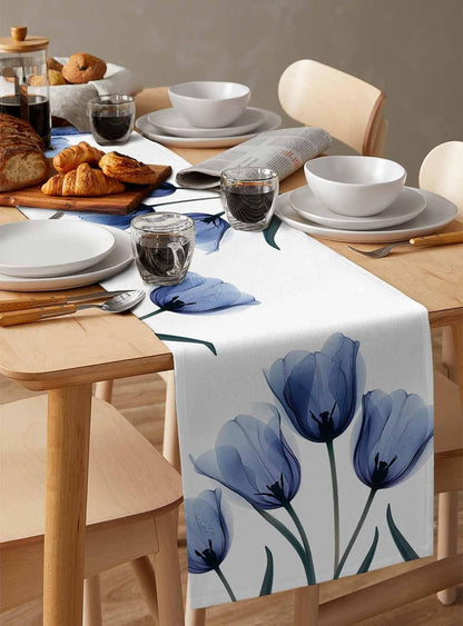 Floral Table Runner-Blue Tulip Cotton Linen-Long 90 Inche Dresser Scarves,Flower Rustic Tablerunner for Kitchen Coffee/Dining Table Bedroom Home Living Room,Summer Spring Holiday Dinner Scarf Decor6