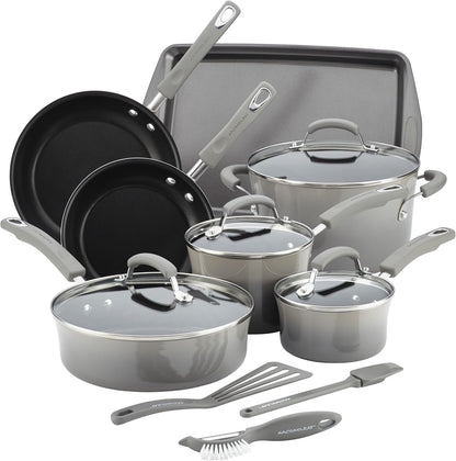 Cookware Classic Brights Hard Enamel Aluminum Nonstick Cookware Set, 14-Piece, Sea Salt Gray1