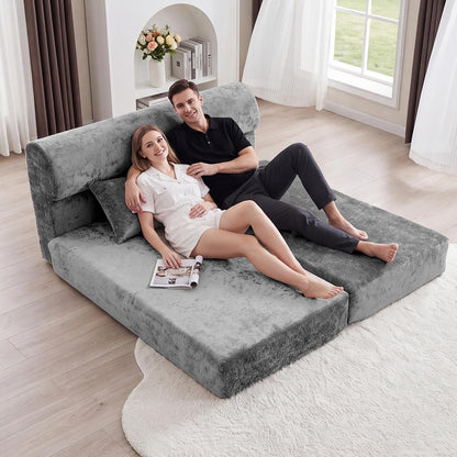 59" Convertible Sofa Bed, Boneless Sleeper Chair Couch Bed with 2 Pillows2