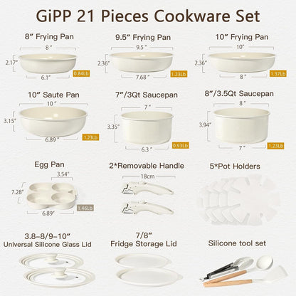 Pots and Pans Set Detachable Handle Cookware Sets Kitchen Cooking Set | Non Stick,Healthy,Non Toxic,Pfas PFOA & PTFE Free, Dishwasher ＆Oven Safe, All Stoves Are Compatible,21Pcs,Cream2