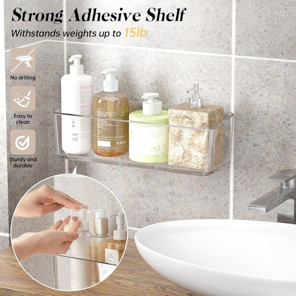 2 Pcs Clear Shower Shelf, Large Bathroom Wall Mounted Shower Caddy3