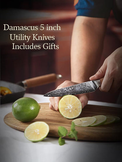 DONGSUN 5 Inch Damascus Utility & Steak Knife with North American Black Walnut Sheath, 67-Layer VG10 Forged Steel Japanese Kitchen Knife, Professional Durable Sharpness5