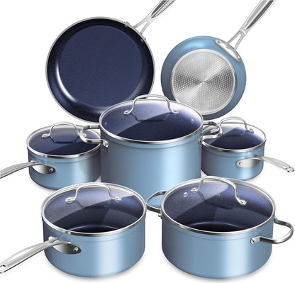 Healthy Duralon Blue Ceramic Nonstick Cookware Set, Diamond Infused Scratch-Resistant, PFAS Free, Dishwasher & Oven Safe, Induction Ready & Evenly Heats, Tempered Glass Lids & Stay-Cool Handles | Scratch-Resistant, Dishwasher & Oven Safe, Induction Ready & Evenly Heats, Tempered Glass Lids & Stay-Cool Handles1