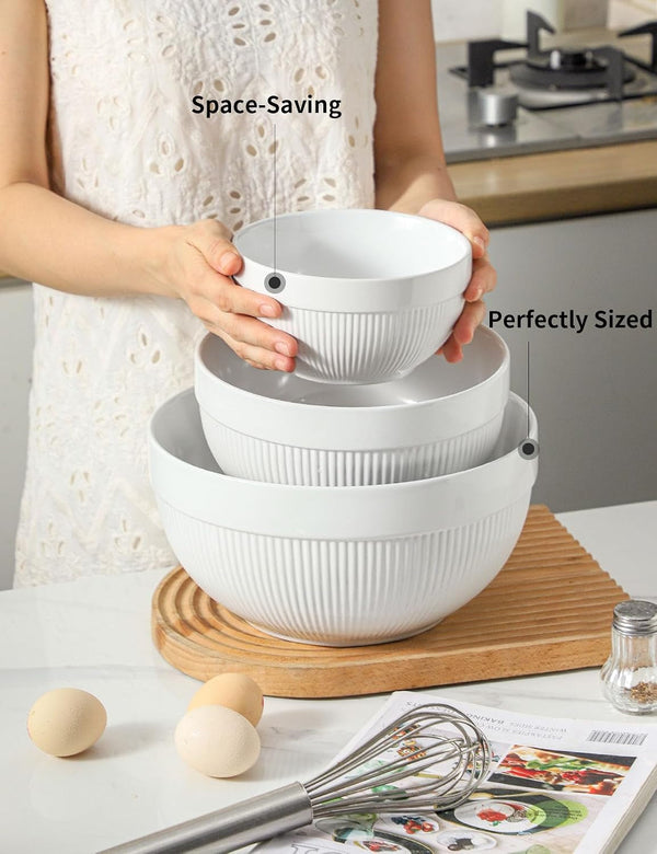 Large Ceramic Mixing Bowls, White Kitchen Bowls (1QT/2.3QT/4.6QT), Set of 3 Nesting Bowls for Baking, Cooking, Serving, Prepping, Dough Bread Making Bowl, Microwave and Dishwasher Safe3