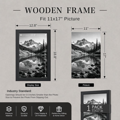 11X17 Picture Frame, Wood Black 11 X 17 Frame for Wall Mounting, Display Photo Poster Certificate, for Gallery Wall Home Office, 1 Pack2