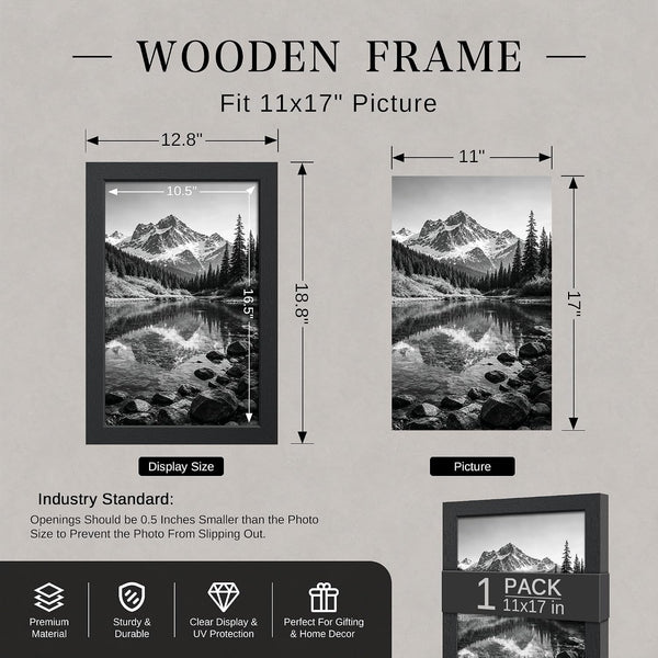 11X17 Picture Frame, Wood Black 11 X 17 Frame for Wall Mounting, Display Photo Poster Certificate, for Gallery Wall Home Office, 1 Pack2