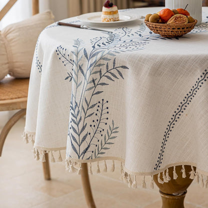 Rustic Waterproof Linen round Tablecloth, Heavy Weight Fern Embroidery Table Cloths for round Tables, Farmhouse Spill-Proof Table Covers with Tassels, Blue, 55 Inch2