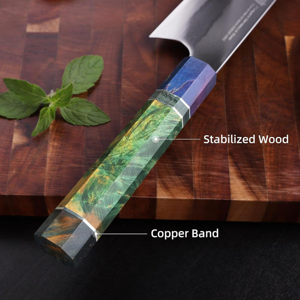 8 Inch Kiritsuke Chef Knife, Japanese-Style Kitchen Knife with 7-Layer 440C Clad Steel Blade, Colorful Stabilized Wood Octagonal Handle, Versatile for Slicing, Chopping, Dicing and Meal Prep6