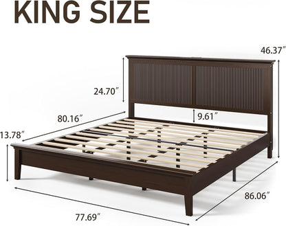 King Bed Frame with Headboard, Solid Wood Bed Frame King Size with Charging Station & RGB LED, Wood Slats Support, Noise-Free, Sturdy Structure, Easy Assembly, Walnut2