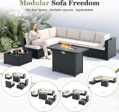 8 Pieces Patio Furniture Set with Fire Pit Table, Beige5