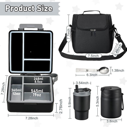 Bento Lunch Box for Kids with 17Oz Soup Thermo,Insulated Tumbler Water Bottle and Insulated Lunch Bag,Leak-Proof 3 Compartment Lunch Food Container with Ice Pack for Kids to School-Black7